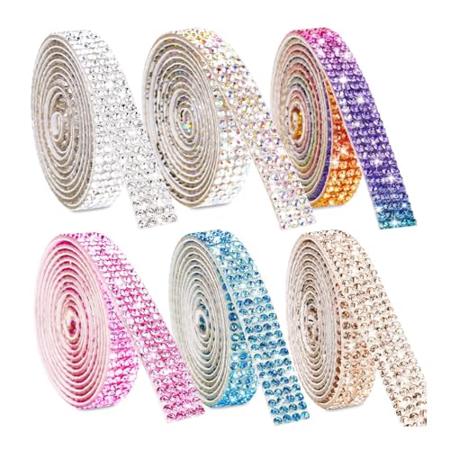 Auriselle 1 Yards 6 Farben Selbstklebendes Strassband Set, Breit Bunte Hochglänzende Strasssteine Glitzerband Selbstklebend, DIY-Dekorationen Hochzeit Party Kleidung Bastelprojekte Glitzersteine Tape von Auriselle