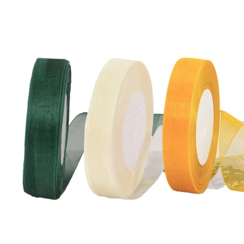 Auriselle 3 Rollen 25 mm x 45 Meter Organzaband, Band Transparentes Organza Breit Bänder DIY Geschenkband Schleifenband Dekoband Tischband Stoffband Weihnachtsbaum Hochzeitsdekoration, Grün/Gelb/Weiß von Auriselle
