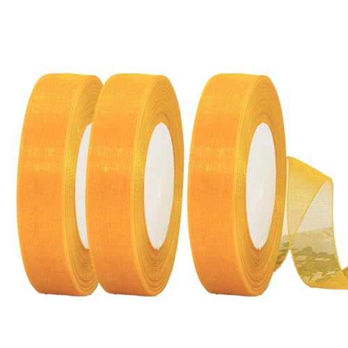 Auriselle 3 Rollen 25 mm x 45 Meter Organzaband, Band Transparentes Organza Breit Bänder DIY Geschenkband Schleifenband Dekoband für Tischband Stoffband Weihnachtsbaum Hochzeitsdekoration, Gelb von Auriselle