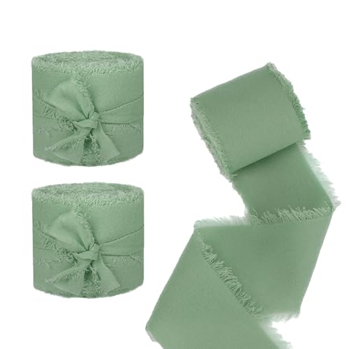 Auriselle Chiffon Geschenkband 3 Rollen 30 mm x 5 Meter, Breit Band Eukalyptus Grün Fransenrand DIY-Matching Tischband Stoffband Hochzeitseinladungen Brautsträuße Tischband Geschenkverpackungen von Auriselle