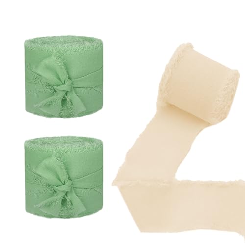 Auriselle Chiffon Geschenkband 3 Rollen 40 mm x 5 Meter, Breit Band Fransenrand DIY Tischband Stoffband Hochzeitseinladungen Brautsträuße Geschenkverpackungen, 2PCS Eukalyptus Grün+ 1PCS Champagner von Auriselle