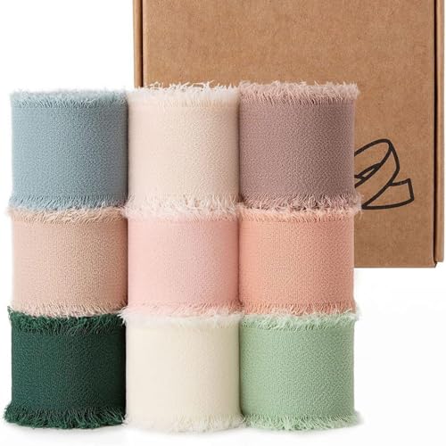 Auriselle Chiffon Geschenkband 40 mm x 5 Meter 9 Farben, Breit Band Eukalyptus Grün Fransenrand DIY-Matching Tischband Stoffband Hochzeitseinladungen Brautsträuße Tischband Geschenkverpackungen von Auriselle