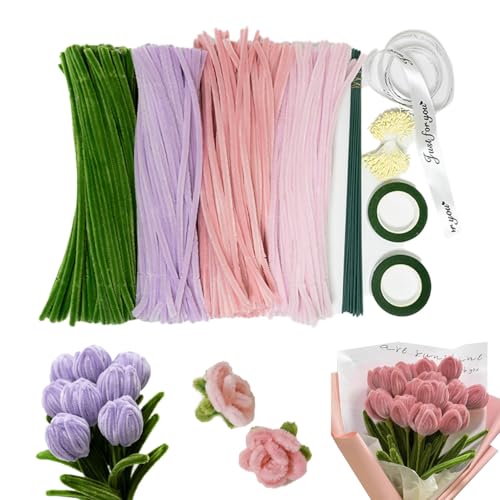 Auriselle Tulip Pfeifenreiniger Blume Set 520 Stück 0.6CM Pfeifenreiniger Bastelset mit 4 Farben Blumenstrauß Geschenk, 20 Grünes Bastelgarn, 1 Geschenkband, 2 Klebeband (Pink, Hellrosa, Grün, Lila) Auriselle Tulip Pfeifenreiniger Blume Set 520 Stück 0.6CM Pfeifenreiniger Bastelset mit 4 Farben Blumenstrauß Geschenk, 20 Grünes Bastelgarn, 1 Geschenkband, 2 Klebeband (Pink, Hellrosa, Grün, Lila) von Auriselle