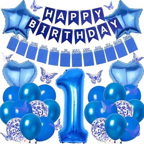 1. Geburtstag Ballon Dekorationen für Jungen - Blau Foto und Happy Birthday Banner Nummer 1, Gradient Stern Herz Luftballons mit 3D Schmetterling Dekorationen für Mädchen One Year Old Party 1. Geburtstag Ballon Dekorationen für Jungen - Blau Foto und Happy Birthday Banner Nummer 1, Gradient Stern Herz Luftballons mit 3D Schmetterling Dekorationen für Mädchen One Year Old Party von Aurmonigo