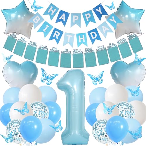 1. Geburtstag Ballon Dekorationen für Jungen - Foto und Happy Birthday Banner Nummer 1, Blau Gradient Stern Herz Luftballons mit 3D Schmetterling Dekorationen für Mädchen One Year Old Party 1. Geburtstag Ballon Dekorationen für Jungen - Foto und Happy Birthday Banner Nummer 1, Blau Gradient Stern Herz Luftballons mit 3D Schmetterling Dekorationen für Mädchen One Year Old Party von Aurmonigo