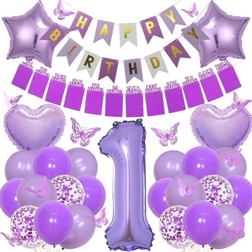 1. Geburtstag Ballon Dekorationen für Mädchen - Lila Foto und Happy Birthday Banner Nummer 1 Ballon, Gradient Stern Herz Luftballons mit 3D Schmetterling Dekorationen für Mädchen One Year Old Party 1. Geburtstag Ballon Dekorationen für Mädchen - Lila Foto und Happy Birthday Banner Nummer 1 Ballon, Gradient Stern Herz Luftballons mit 3D Schmetterling Dekorationen für Mädchen One Year Old Party von Aurmonigo