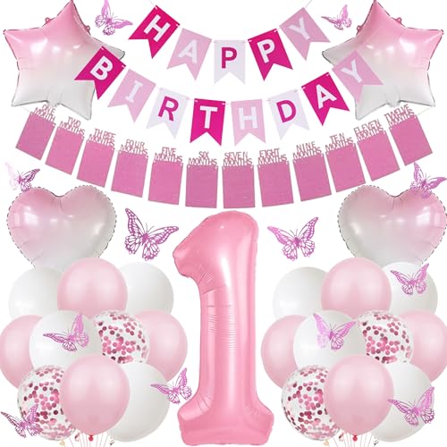 1. Geburtstag Ballon Dekorationen für Mädchen - Rosa Foto und Happy Birthday Banner Nummer 1 Ballon, Gradient Stern Herz Luftballons mit 3D Schmetterling Dekorationen für Mädchen 1 Jahr alt 1. Geburtstag Ballon Dekorationen für Mädchen - Rosa Foto und Happy Birthday Banner Nummer 1 Ballon, Gradient Stern Herz Luftballons mit 3D Schmetterling Dekorationen für Mädchen 1 Jahr alt von Aurmonigo