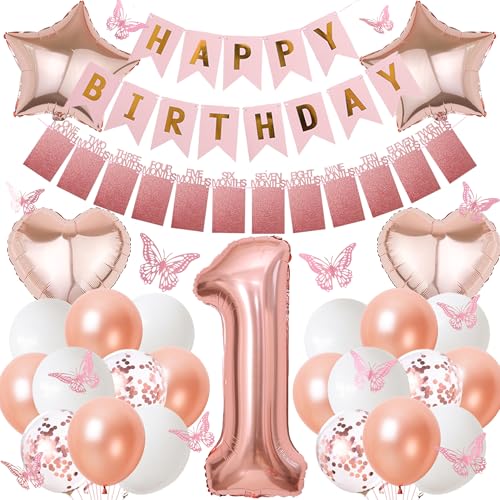 1. Geburtstag Ballon Dekorationen für Mädchen - Rose Gold Foto und Happy Birthday Banner Nummer 1 Ballon, Gradient Stern Herz Luftballons mit 3D Schmetterling Dekorationen für Mädchen One Year Old 1. Geburtstag Ballon Dekorationen für Mädchen - Rose Gold Foto und Happy Birthday Banner Nummer 1 Ballon, Gradient Stern Herz Luftballons mit 3D Schmetterling Dekorationen für Mädchen One Year Old von Aurmonigo