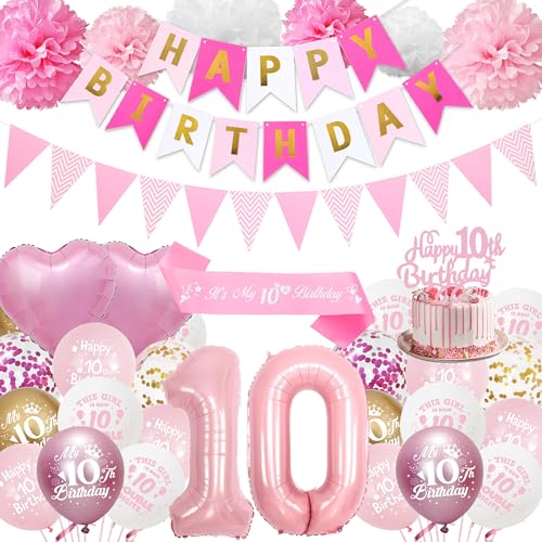 10. Geburtstag Dekorationen für Mädchen Rosa – Happy 10th Birthday Nummer 10 Ballon Latex Ballons Banner Wimpel, Cake Topper Schärpe Seidenpapier Pom Poms für 10 Jahre alte zweistellige Partyzubehör von Aurmonigo