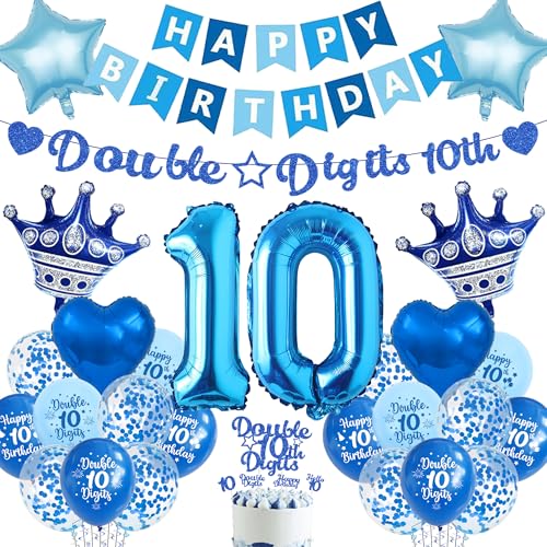 10th Happy Birthday Dekorationen für Jungen - Blau Doppelstellige 10th Banner Zahlen Stern Herz Folienballons, Konfetti Latex Ballon Kuchen Topper für 10 Jahre Alt Party Supplies 10th Happy Birthday Dekorationen für Jungen - Blau Doppelstellige 10th Banner Zahlen Stern Herz Folienballons, Konfetti Latex Ballon Kuchen Topper für 10 Jahre Alt Party Supplies von Aurmonigo