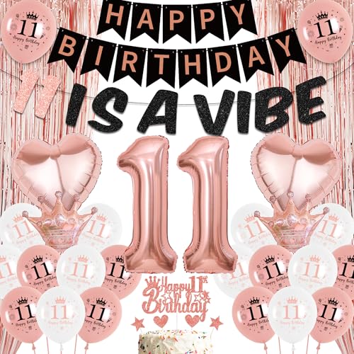 11th Birthday Decorations Rose Gold - Happy Birthday 11 Is A Vibe Banner Foil Latex Balloons Cake Topper, Lametta Curtain for 11 Years Old Girls Party Decoration Supplies von Aurmonigo