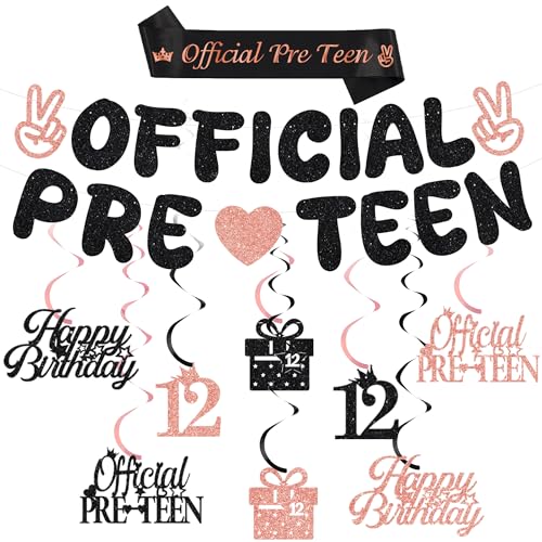12 Geburtstag Banner Dekorationen für Mädchen - Offizielle Pre-Teen Banner Schwarz Rose Gold Hängende Wirbel Luftschlangen, Stoff Schärpe mit Glitzer Geeignet für 12 Jahre Alt Party Dekoration 12 Geburtstag Banner Dekorationen für Mädchen - Offizielle Pre-Teen Banner Schwarz Rose Gold Hängende Wirbel Luftschlangen, Stoff Schärpe mit Glitzer Geeignet für 12 Jahre Alt Party Dekoration von Aurmonigo