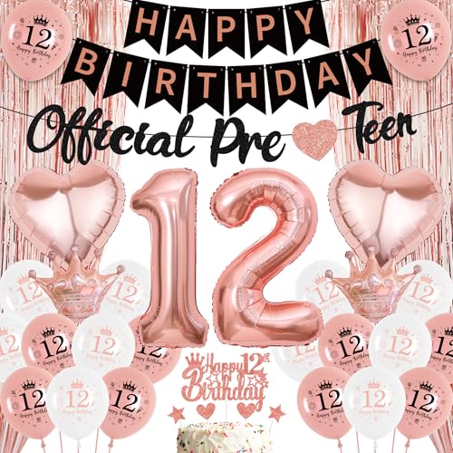 12 Geburtstag Dekorationen Rose Gold - Happy Birthday Offizielles Pre Teen Banner Latex Ballons Folienballon, Cake Toppers Quaste Vorhang für 12 Jahre alte Mädchen Party Dekoration Supplies von Aurmonigo