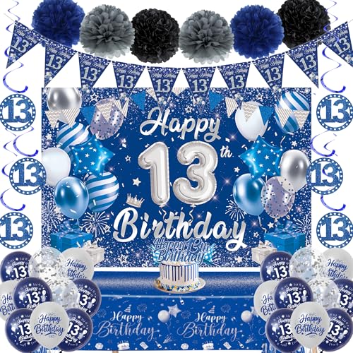 13. Geburtstag Dekorationen für Jungen Mädchen - Offizielle Teenager Blau Silber Party Happy 13th Birthday Luftballons Wimpelkette Hintergrund hängende Wirbel Tischdecke Kuchen Topper Papier Pompon 13 von Aurmonigo