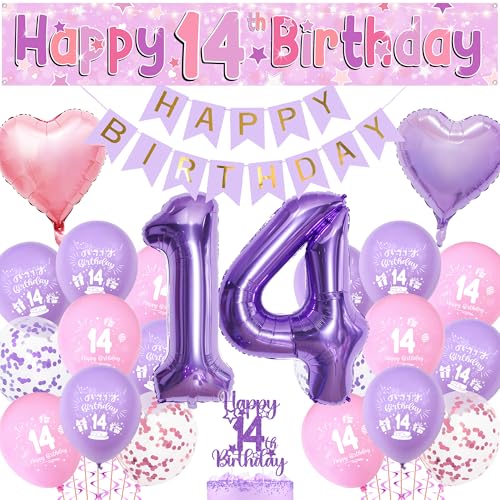 14 Geburtstag Banner Dekorationen für Mädchen Rosa Lila Happy Birthday Banner Cake Topper Zahl 14 Folienballon für 14 Jahre Alt Mädchen Party Dekoration 14 Geburtstag Banner Dekorationen für Mädchen Rosa Lila Happy Birthday Banner Cake Topper Zahl 14 Folienballon für 14 Jahre Alt Mädchen Party Dekoration von Aurmonigo