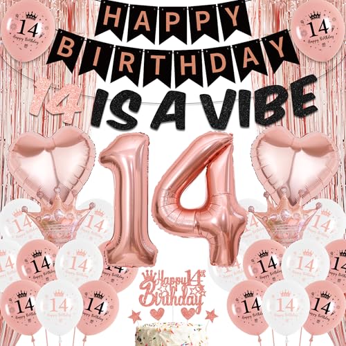 14 Geburtstag Dekorationen Roségold - Happy Birthday 14 Is A Vibe Banner Folie Latex Ballons Kuchen Topper Lametta Vorhang für 14 Jahre Alte Mädchen Party Dekoration Supplies 14 Geburtstag Dekorationen Roségold - Happy Birthday 14 Is A Vibe Banner Folie Latex Ballons Kuchen Topper Lametta Vorhang für 14 Jahre Alte Mädchen Party Dekoration Supplies von Aurmonigo
