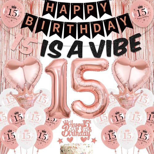 15 Geburtstag Dekorationen Roségold - Happy Birthday 15 Is A Vibe Banner Folie Latex Ballons Kuchen Topper Lametta Vorhang für 15 Jahre Alte Mädchen Party Dekoration Supplies 15 Geburtstag Dekorationen Roségold - Happy Birthday 15 Is A Vibe Banner Folie Latex Ballons Kuchen Topper Lametta Vorhang für 15 Jahre Alte Mädchen Party Dekoration Supplies von Aurmonigo