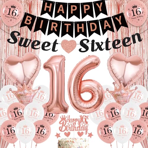 16 Geburtstag Dekorationen Rosegold - Happy Birthday Sweet Sixteen Banner Latex Ballons Folienballon, Cake Toppers Quaste Vorhang für 16 Jahre alte Mädchen Party Dekoration Supplies 16 Geburtstag Dekorationen Rosegold - Happy Birthday Sweet Sixteen Banner Latex Ballons Folienballon, Cake Toppers Quaste Vorhang für 16 Jahre alte Mädchen Party Dekoration Supplies von Aurmonigo
