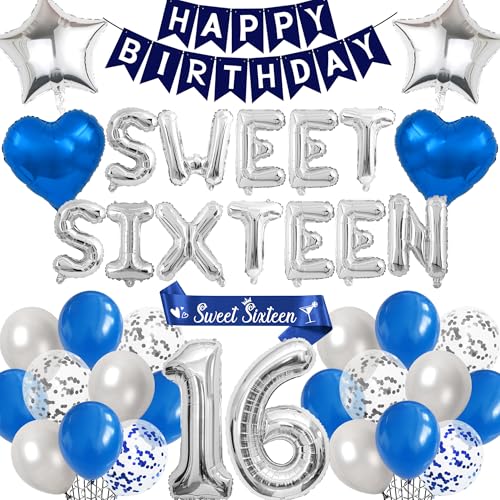 16. Geburtstag Dekorationen Sweet Sixteen (Blau Silber 16.) von Aurmonigo