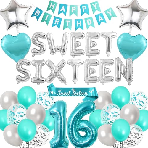 16th Birthday Decorations Sweet Sixteen - Blue Happy Birthday Banner Number Letter Foil Balloons, Sash for 16 Years Old Girls Party Decoration Supplies 16th Birthday Decorations Sweet Sixteen - Blue Happy Birthday Banner Number Letter Foil Balloons, Sash for 16 Years Old Girls Party Decoration Supplies von Aurmonigo