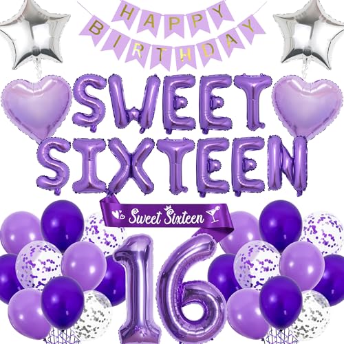 16th Birthday Decorations Sweet Sixteen - Purple Happy Birthday Banner Number Letter Foil Balloons, Sash for 16 Years Old Girls Party Decoration Supplies 16th Birthday Decorations Sweet Sixteen - Purple Happy Birthday Banner Number Letter Foil Balloons, Sash for 16 Years Old Girls Party Decoration Supplies von Aurmonigo