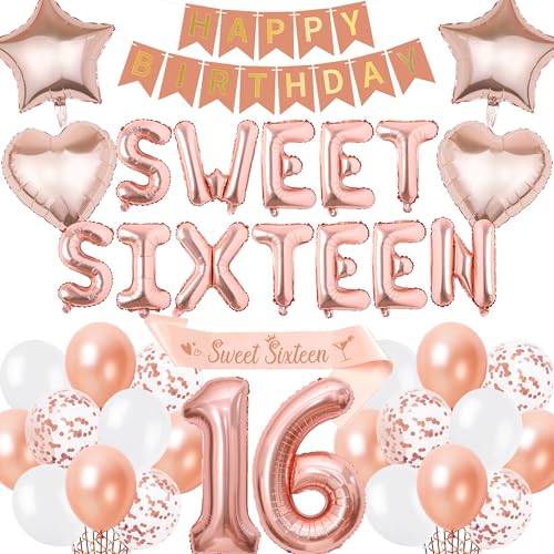16th Birthday Decorations Sweet Sixteen - Rose Gold Happy Birthday Banner Number Letter Foil Balloons, Sash for 16 Years Old Girls Party Decoration Supplies 16th Birthday Decorations Sweet Sixteen - Rose Gold Happy Birthday Banner Number Letter Foil Balloons, Sash for 16 Years Old Girls Party Decoration Supplies von Aurmonigo