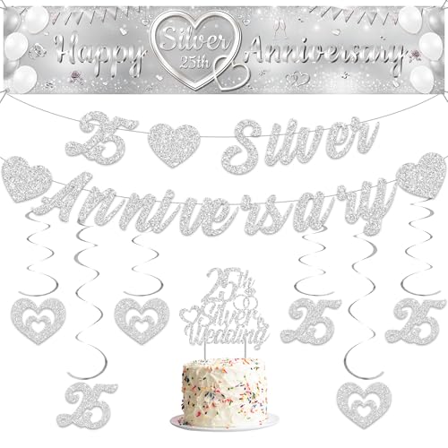 25th Happy Weeding Anniversary Decorations - Silver 25 Banner Happy Banner Glitter Hanging Swirl Cake Topper Decoration Supplies Suitable for 25th Anniversary Silver Wedding Party von Aurmonigo