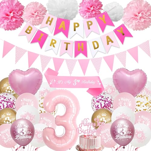 3. Geburtstag Dekorationen für Mädchen Rosa – Happy 3rd Birthday Party Nummer 3 Ballon Latex Ballons Banner Wimpel Kuchen Topper, Schärpe Seidenpapier Pom Poms für Babyparty Dekoration Supplies von Aurmonigo