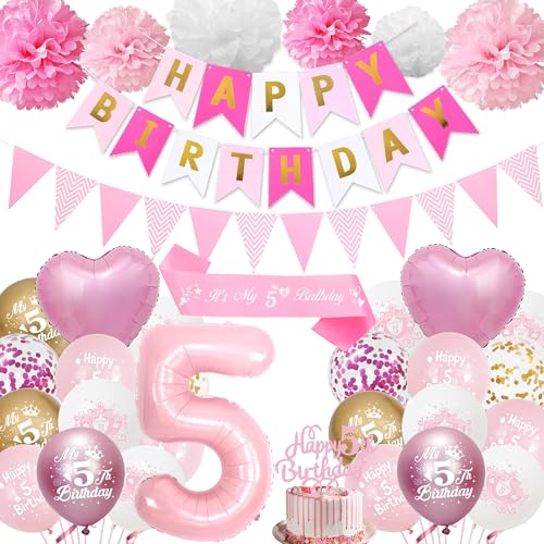 5. Geburtstag Dekorationen für Mädchen Rosa - Happy 5th Birthday Party Nummer 5 Ballon Latex Ballons Banner Wimpel, Cake Topper Schärpe Seidenpapier Pom Poms für 5 Jahre alte Dekoration Supplies von Aurmonigo