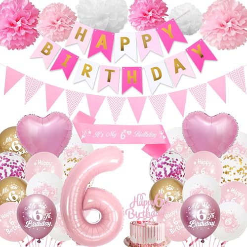 6. Geburtstag Dekorationen für Mädchen Rosa - Happy 6th Birthday Party Nummer 6 Ballon Latex Ballons Banner Wimpel, Cake Topper Schärpe Seidenpapier Pom Poms für 6 Jahre alte Dekoration Supplies von Aurmonigo