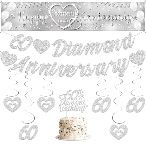 60th Happy Weeding Anniversary Decorations - Silver 60 Banner Happy Banner Glitter Hanging Swirl Cake Topper Decoration Supplies Suitable for 60th Anniversary Silver Wedding Party 60th Happy Weeding Anniversary Decorations - Silver 60 Banner Happy Banner Glitter Hanging Swirl Cake Topper Decoration Supplies Suitable for 60th Anniversary Silver Wedding Party von Aurmonigo