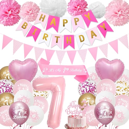 7. Geburtstag Dekorationen für Mädchen Rosa - Happy 7th Birthday Party Nummer 7 Ballon Latex Ballons Banner Wimpel, Cake Topper Schärpe Seidenpapier Pom Poms für 7 Jahre alte Dekoration Supplies von Aurmonigo