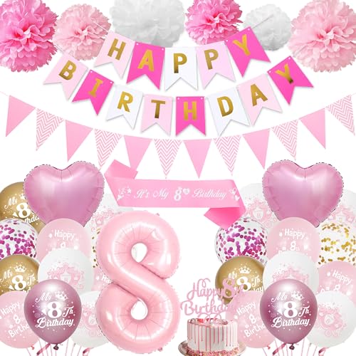 8. Geburtstag Dekorationen für Mädchen Rosa - Happy 8th Birthday Party Nummer 8 Ballon Latex Ballons Banner Wimpel, Cake Topper Schärpe Seidenpapier Pom Poms für 8 Jahre alte Dekoration Supplies von Aurmonigo