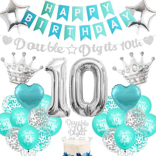 Aurmonigo 10 Geburtstag Dekorationen Mädchen - Blau Doppelstellige Happy Birthday Banner Folienballons, Konfetti Latex Ballon Kuchen Topper für 10 Jahre Alt Party Supplies von Aurmonigo