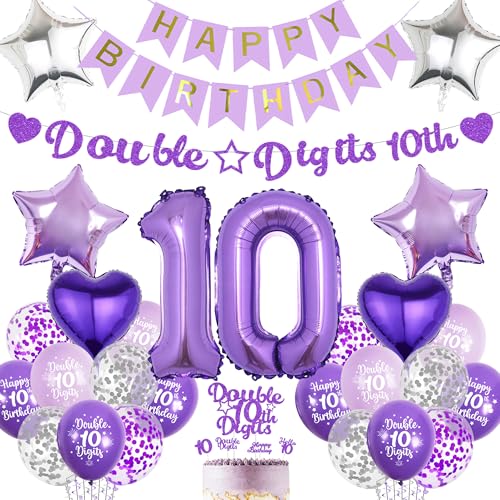 Aurmonigo 10 Geburtstag Dekorationen Mädchen - Lila Doppelstellige Happy Birthday Banner Folienballons, Konfetti Latex Ballon Kuchen Topper für 10 Jahre Alt Party Supplies von Aurmonigo