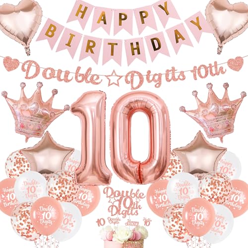 Aurmonigo 10 Geburtstag Dekorationen Mädchen - Rose Gold Doppelstellige Happy Birthday Banner Folienballons, Konfetti Latex Ballon Kuchen Topper für 10 Jahre Alt Party Supplies von Aurmonigo