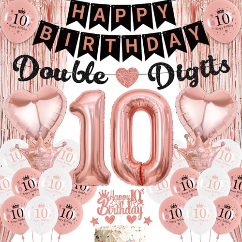 Aurmonigo 10 Geburtstag Dekorationen Mädchen - Rose Gold Happy Birthday Doppelstellige Banner Latex Ballons Folienballon, Cake Toppers Quaste Vorhang für 10 Jahre alte Mädchen Party Dekoration von Aurmonigo