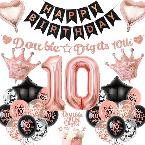 Aurmonigo 10 Geburtstag Dekorationen Mädchen - Schwarz Rose Gold Doppelstellige Happy Birthday Banner Folienballons, Konfetti Latex Ballon Kuchen Topper für 10 Jahre Alt Party Supplies Aurmonigo 10 Geburtstag Dekorationen Mädchen - Schwarz Rose Gold Doppelstellige Happy Birthday Banner Folienballons, Konfetti Latex Ballon Kuchen Topper für 10 Jahre Alt Party Supplies von Aurmonigo