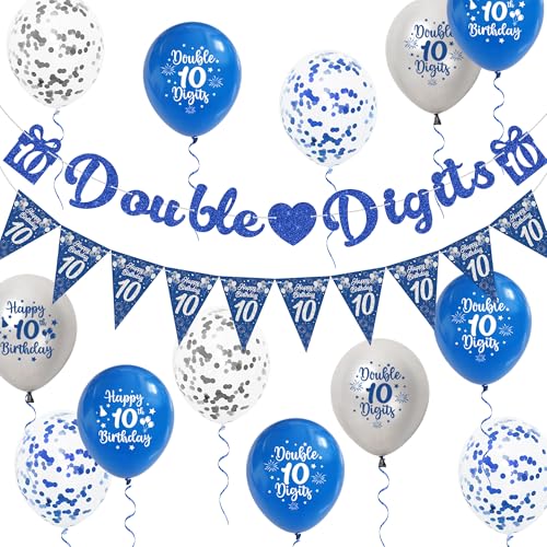 Aurmonigo 10 Geburtstag Dekorationen für Jungen - Blau Doppelstellige Banner Happy Birthday Luftballons Konfetti Latex Ballon Wimpelkette für 10 Jahre Alt Mädchen Party Dekoration Supplies von Aurmonigo