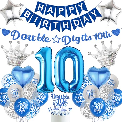Aurmonigo 10 Geburtstag Dekorationen für Jungen - Blau Doppelstellige Happy Birthday Banner Folienballons, Konfetti Latex Ballon Kuchen Topper für 10 Jahre Alt Party Supplies von Aurmonigo
