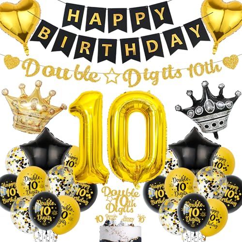 Aurmonigo 10 Geburtstag Dekorationen für Jungen - Schwarz Gold Doppelstellige Happy Birthday Banner Folienballons Konfetti Latex B von Aurmonigo