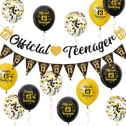 Aurmonigo 13 Geburtstag Dekorationen Junge - Schwarz Gold Offizielles Teenager Banner Happy Birthday Luftballons Dreieck Flagge, Latex Konfetti Ballon für 13 Jahre Alte Jungen Party Dekoration von Aurmonigo