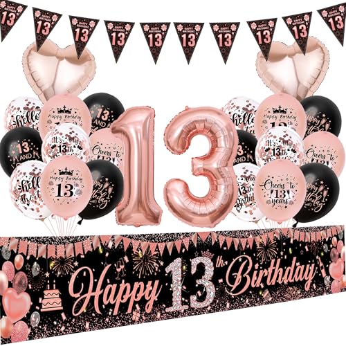 Aurmonigo 13 Geburtstag Dekorationen Mädchen - 33 Stück Rose Gold Happy 13 Birthday Banner Party Ballons Wimpelkette, Konfetti Latex Folienballon für Mädchen Offizielle Teenager Dekoration Supplies von Aurmonigo