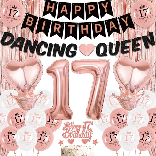 Aurmonigo 17 Geburtstag Dekorationen Mädchen - Rose Gold Happy Birthday Tanzende Königin Banner Folie Latex Luftballons, Cake Topper Lametta Vorhang für 17 Jahre alte Mädchen Party Dekoration Supplies Aurmonigo 17 Geburtstag Dekorationen Mädchen - Rose Gold Happy Birthday Tanzende Königin Banner Folie Latex Luftballons, Cake Topper Lametta Vorhang für 17 Jahre alte Mädchen Party Dekoration Supplies von Aurmonigo