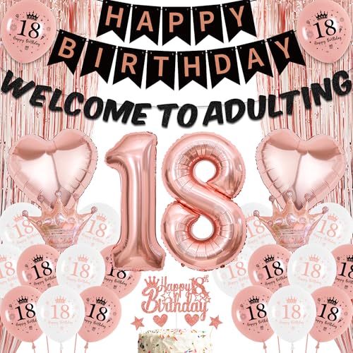 Aurmonigo 18 Geburtstag Dekorationen für Mädchen - Rose Gold Happy Birthday Welcome to Adulting Banner Folie Latex Ballons, Cake Topper Lametta Vorhang für 18 Jahre altes Mädchen Party Dekoration von Aurmonigo