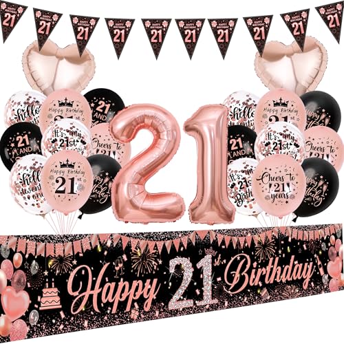 Aurmonigo 21 Geburtstag Dekorationen für Sie - 33 Stück Roségold Happy 21 Birthday Banner Party Ballons Wimpelkette, Konfetti Latex Folienballon für 21 Jahre alte Dekoration Supplies von Aurmonigo