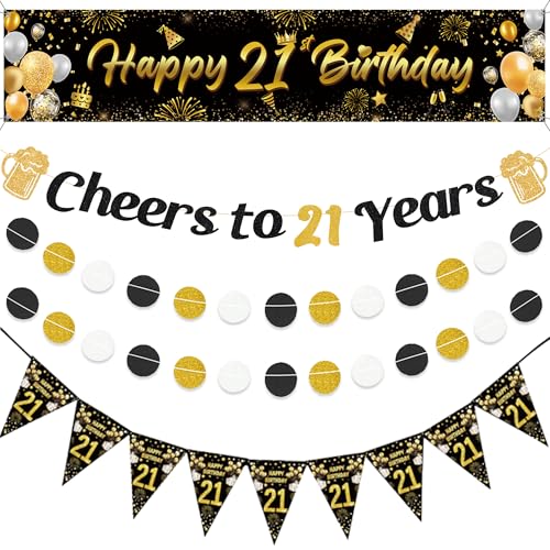 Aurmonigo 21. Geburtstag Dekorationen für Sie - Schwarz und Gold Cheers to 21 Years Happy 21st Birthday Banner, Wimpelkette Girlande für 21 Jahre alte Frauen Männer Party Supplies Aurmonigo 21. Geburtstag Dekorationen für Sie - Schwarz und Gold Cheers to 21 Years Happy 21st Birthday Banner, Wimpelkette Girlande für 21 Jahre alte Frauen Männer Party Supplies von Aurmonigo