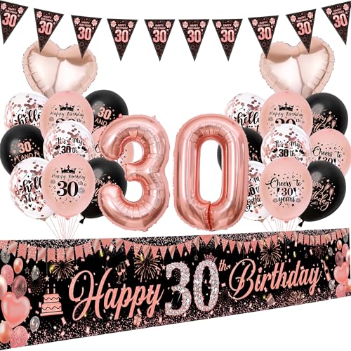 Aurmonigo 30 Geburtstag Dekorationen für Frauen - 33 Stück Rose Gold Happy 30 Birthday Banner Party Ballons Wimpelkette, Konfetti Latexfolienballon für 30 Jahre Alt Dekoration Supplies von Aurmonigo