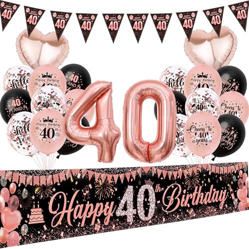 Aurmonigo 40 Geburtstag Deko Frauen - 33 Stück Roségold Happy 40 Birthday Banner Party Ballons Wimpelkette, Konfetti Latexfolienballon für 40 Jahre Alt Dekoration Supplies von Aurmonigo
