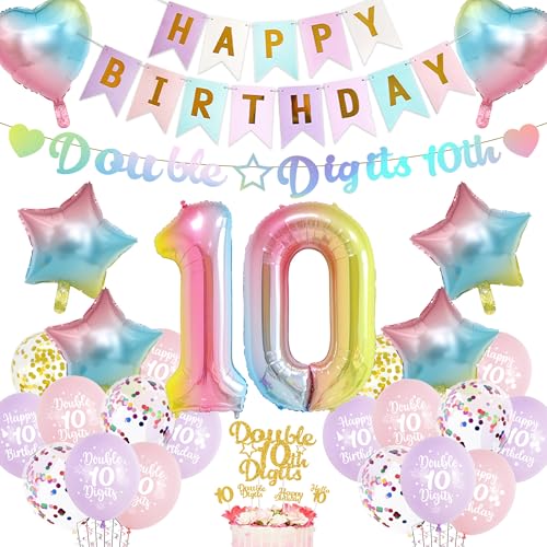 Aurmonigo Dekoration zum 10. Geburtstag für Mädchen, bunte zweistellige "Happy Birthday"-Banner, Folienballons, Konfetti-Latex-Ballon, Kuchenaufsatz für 10 Jahre alte Partyzubehör Aurmonigo Dekoration zum 10. Geburtstag für Mädchen, bunte zweistellige "Happy Birthday"-Banner, Folienballons, Konfetti-Latex-Ballon, Kuchenaufsatz für 10 Jahre alte Partyzubehör von Aurmonigo